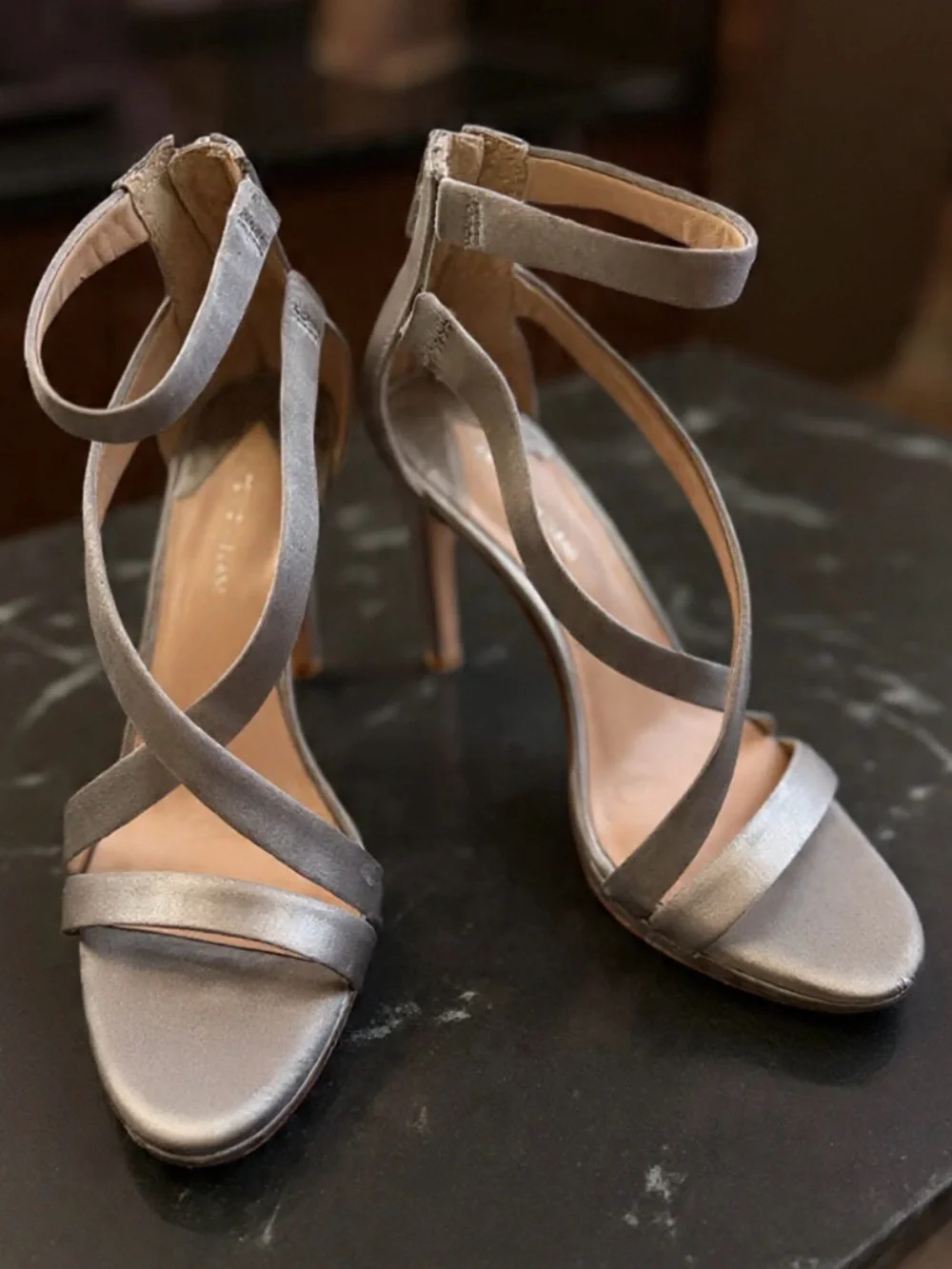 Antonio Melani Silver Rhinestone Strappy Stiletto Peep Toe Heel Zip Leather Sole - Picture 8 of 12